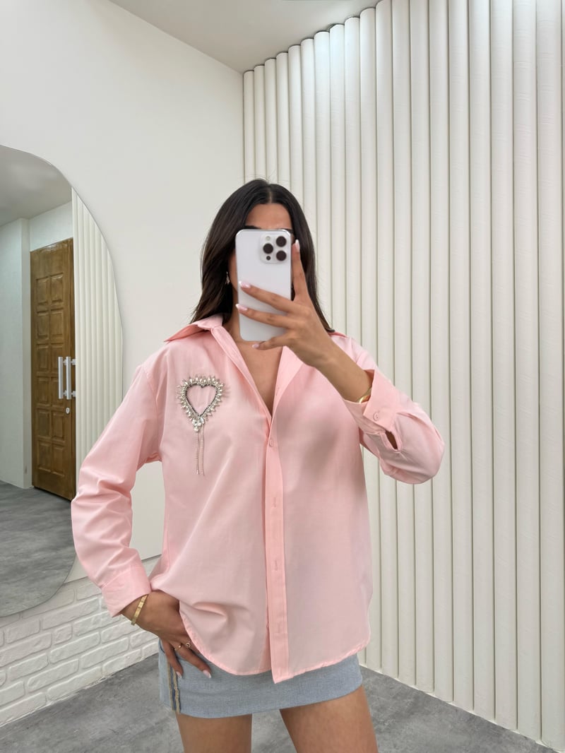 Pembe Taşlı Kalp Yaka Detaylı Gömlek Gaus00299