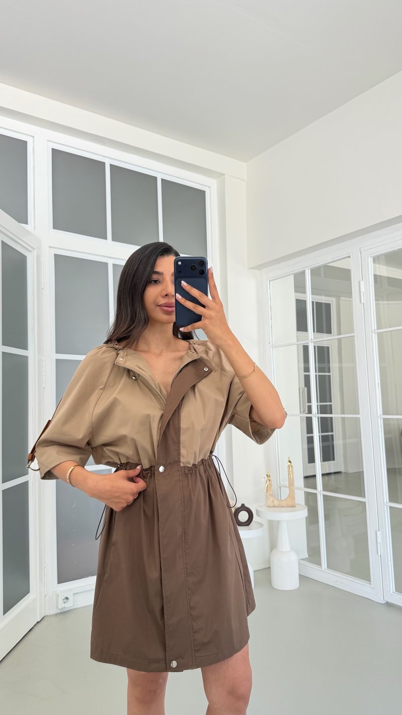 Camel Beli Lastikli Paraşüt Kumaş Elbise GAUS-01806