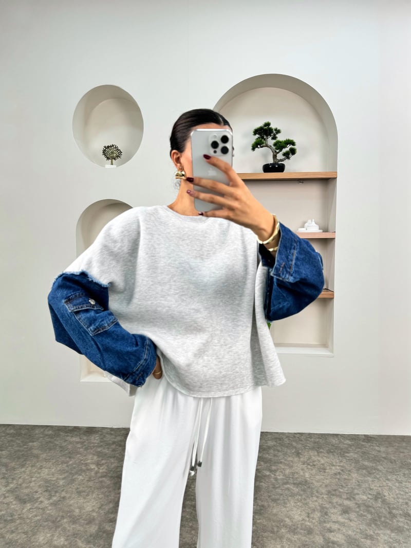 Pera Gri Denim Kol Detaylı Sweatshirt