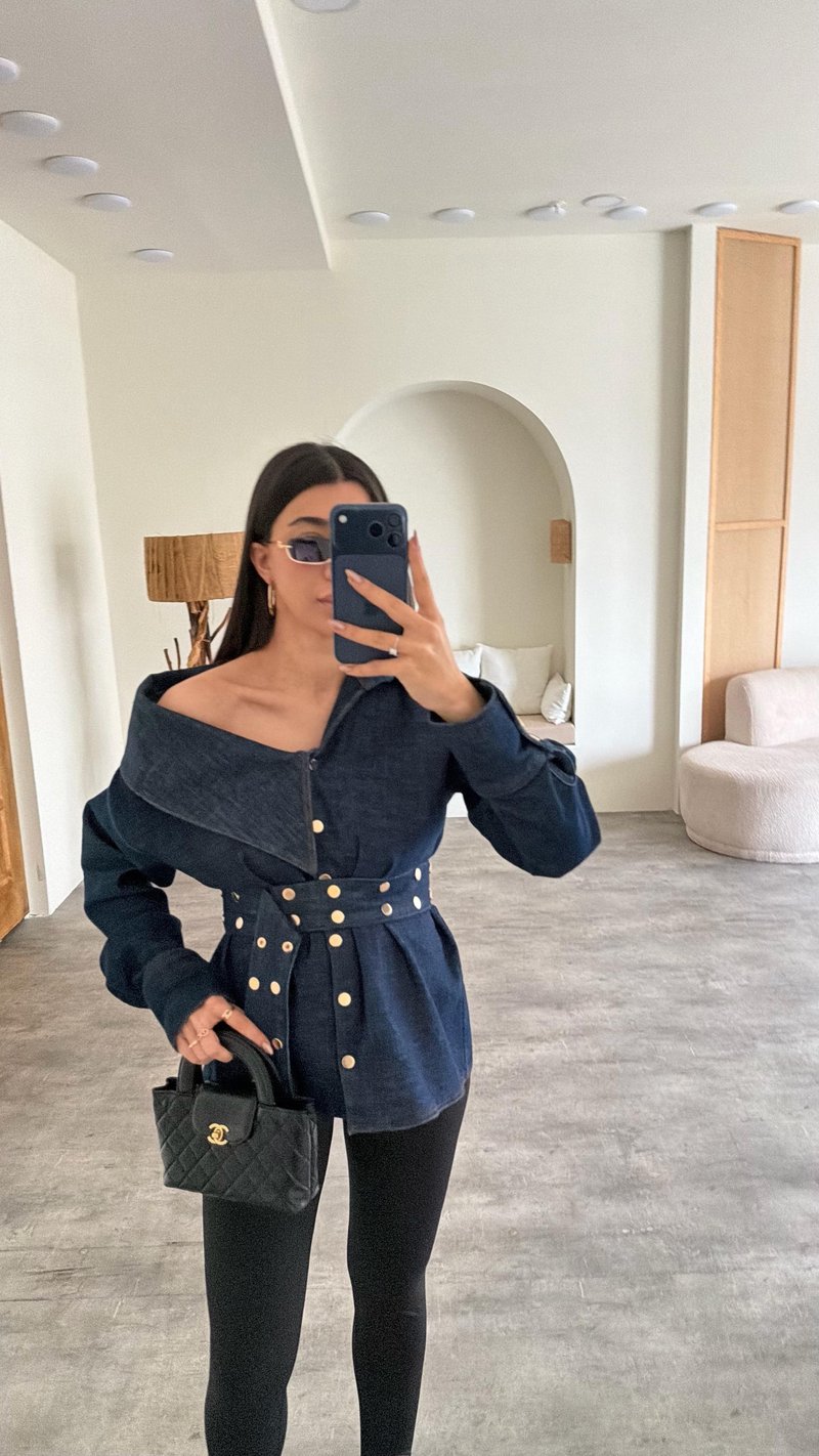 Lacivert Zımba Detaylı Kemerli Tasarım Denim Gömlek GAUS-01071 GAUS-01134