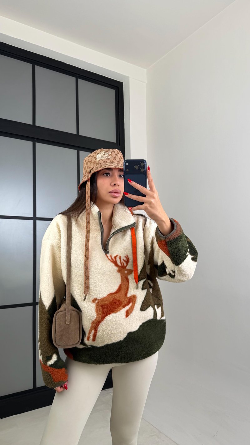 Ekru Fermuarlı Geyik Desenli Polar Sweatshirt GAUS-00723 GAUS-00944
