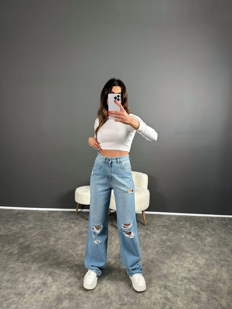 Wina Mavi Yırtık Yüksek Bel Straight Jean