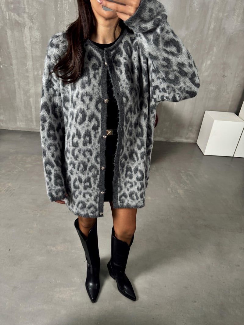 Wud Gri Leopar Desenli Hırka