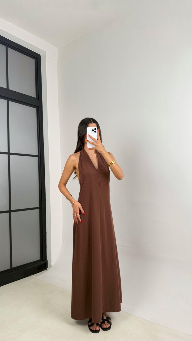 Kahve Boyundan Bağlamalı V Yaka Tencel Elbise GAUS-0014