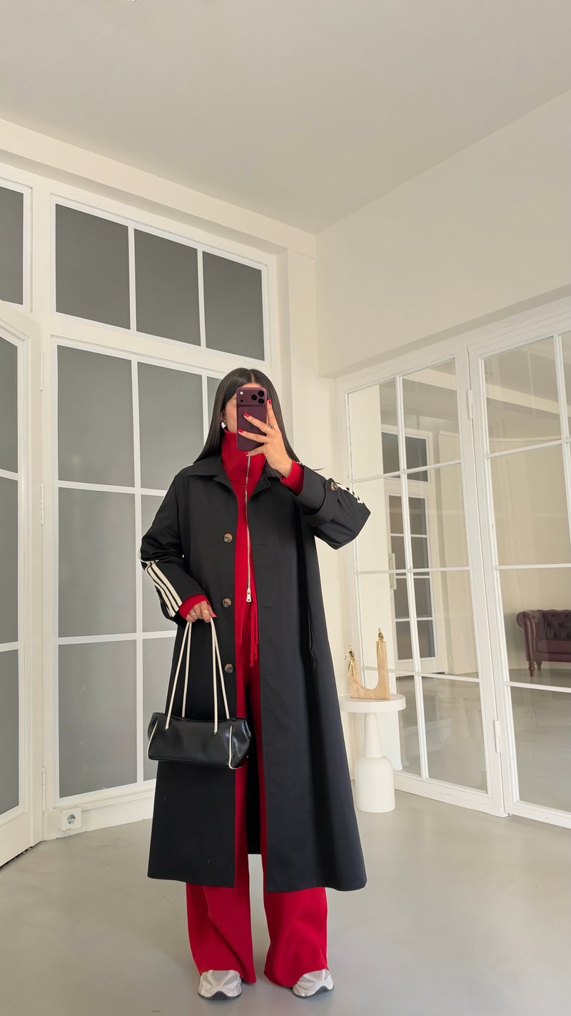 Siyah Kol Şeritli Astarlı Trençkot GAUS-02245