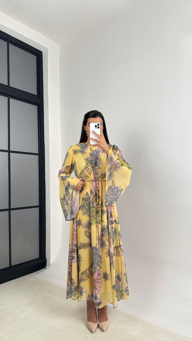 Sarı Çiçek Desenli Kuşaklı Kolu Volanlı Astarlı Şifon Elbise GAUS-00105