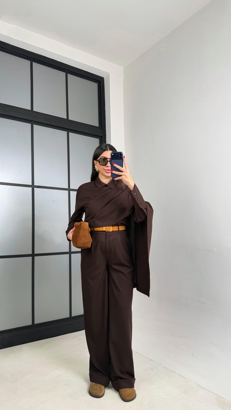 Acı Kahve Manşet Kol Yakası Şallı Gömlek Pantolon Muadil Takım GAUS-01053