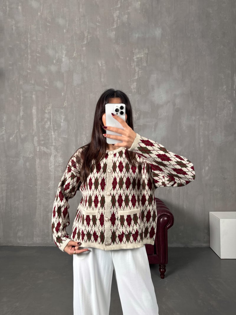 Garcia Krem Bordo Baklava Desenli Hırka