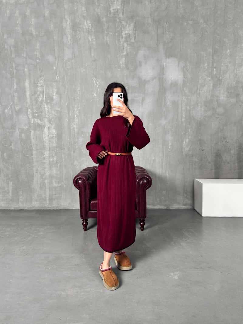 Terav Bordo Premium Triko Elbise