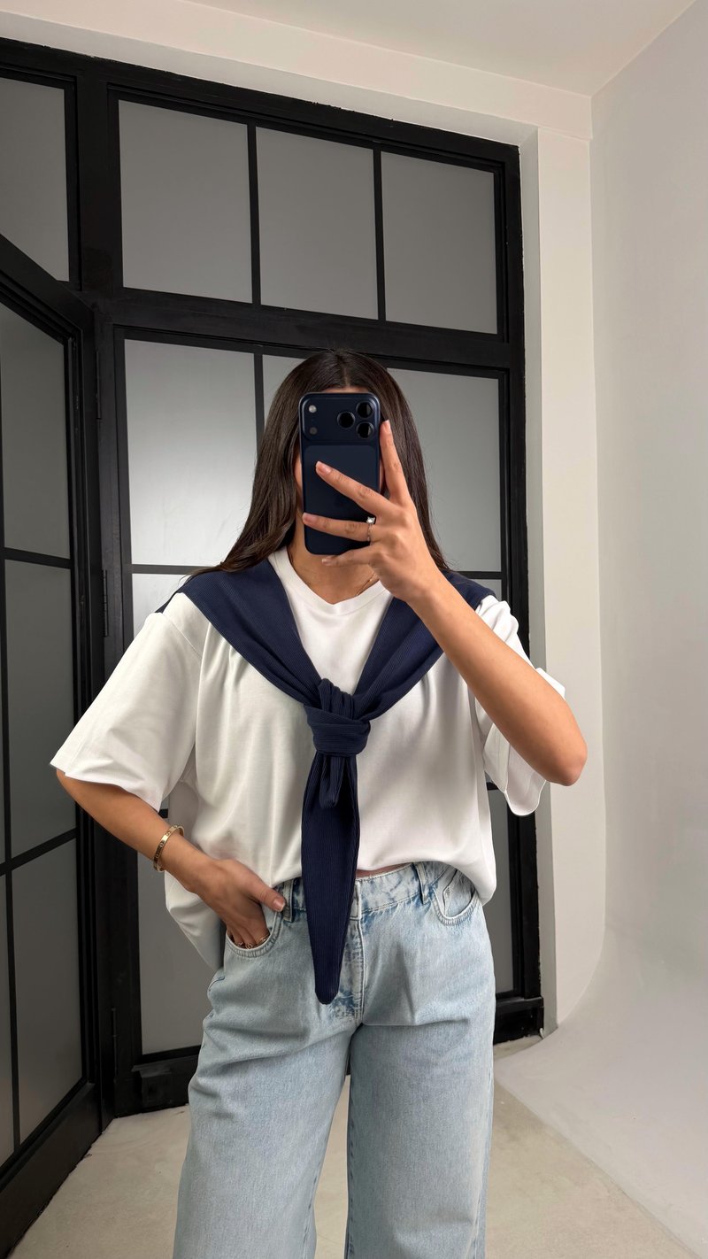 Lacivert Şal Detaylı Basic Tshirt GAUS-01192