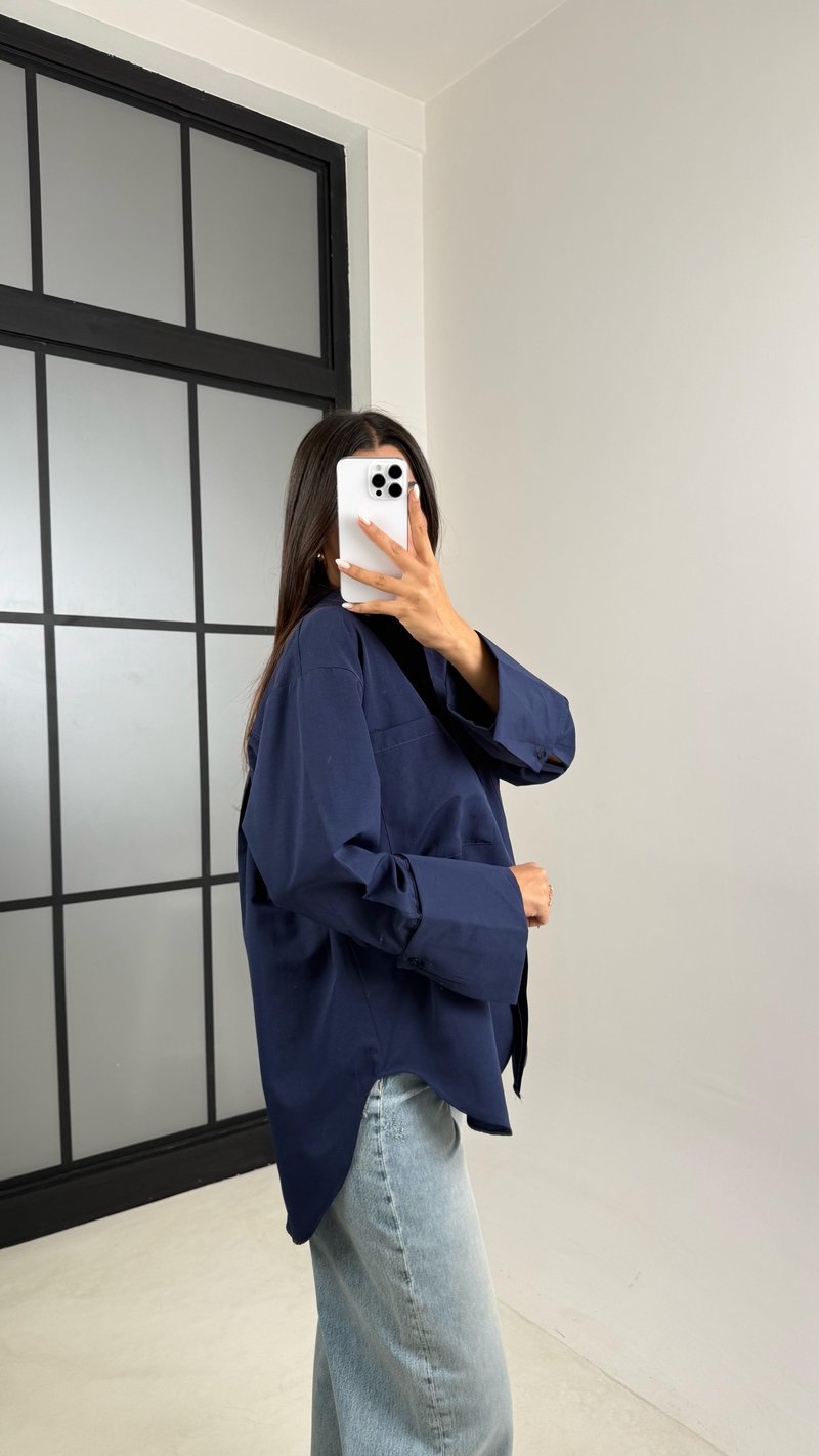 Lacivert Gizli Düğmeli Kol Katlamalı Poplin Gömlek GAUS-00449