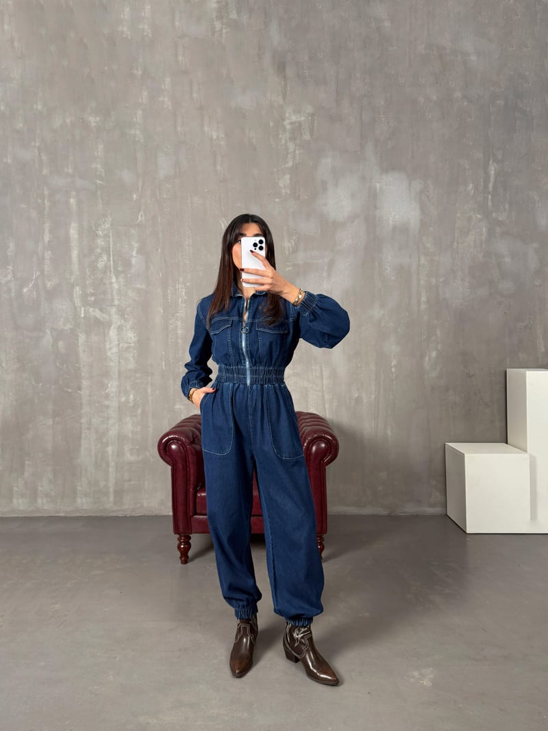 Setre Mavi Önden Fermuarlı Denim Tulum