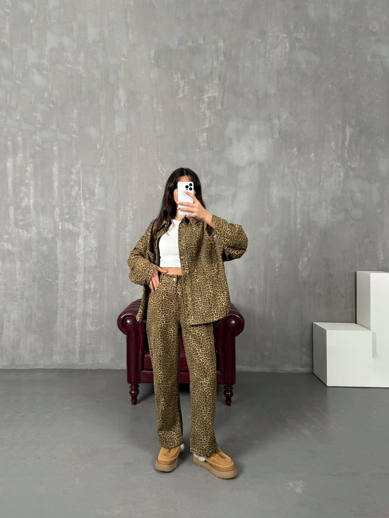 Rosali Kahve Leopar Desenli Gabardin Takım