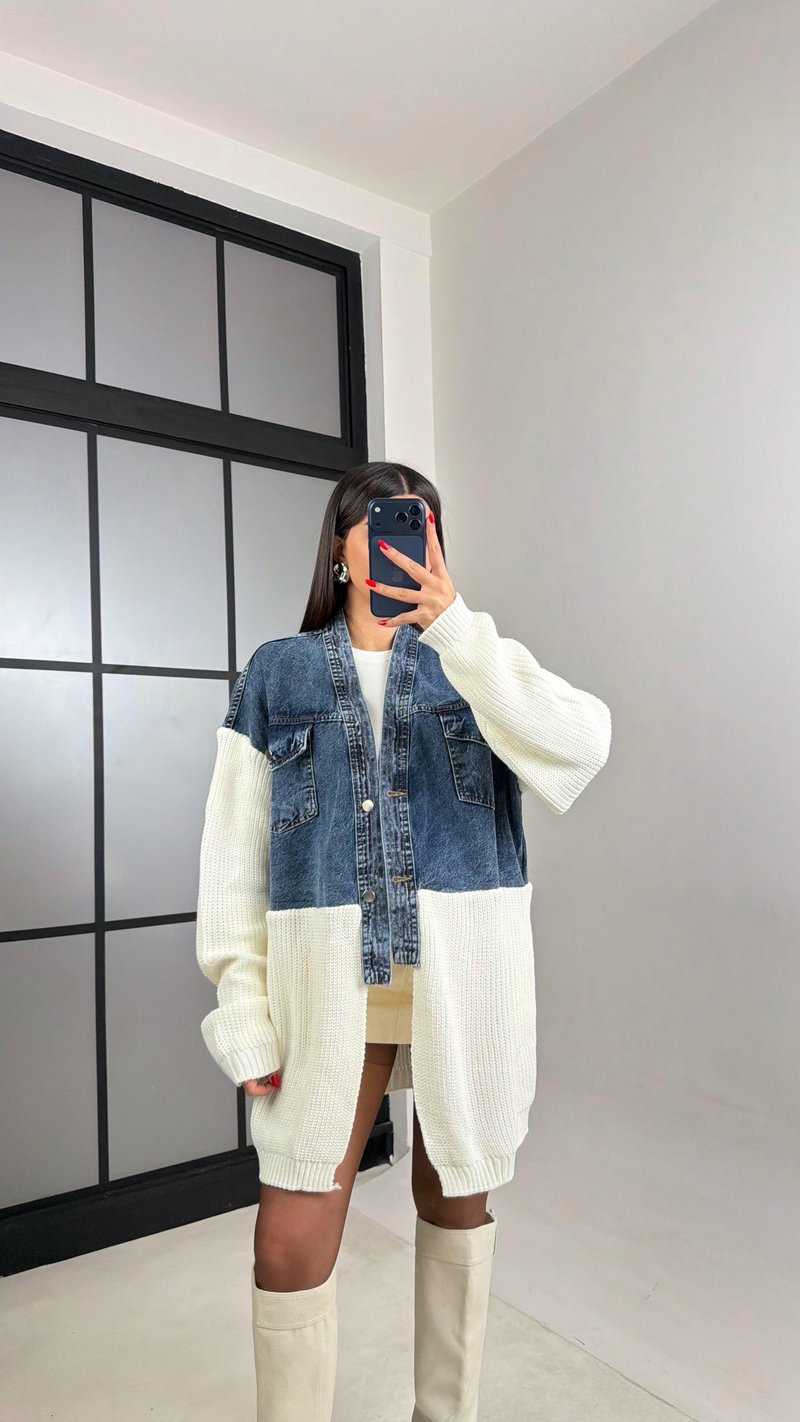 Ekru Denim Detaylı Triko Hırka GAUS-01002