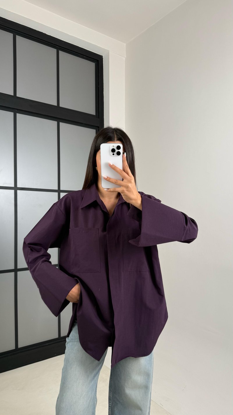 Mürdüm Gizli Düğmeli Kol Katlamalı Poplin Gömlek GAUS-00449