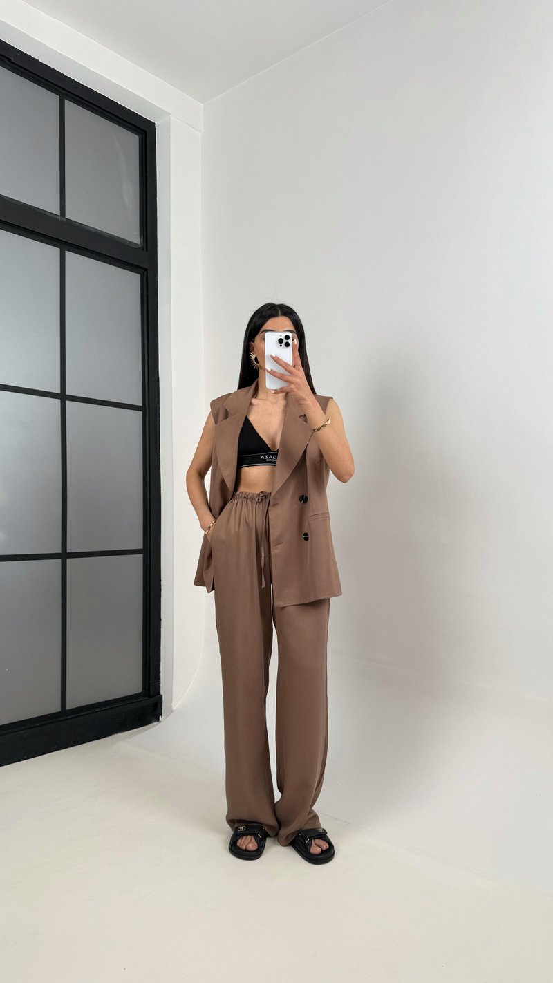 Kahve Önü Düğmeli Astarlı Yelek Beli Lastikli Pantolon Tencel Premium Takım Gaus00366