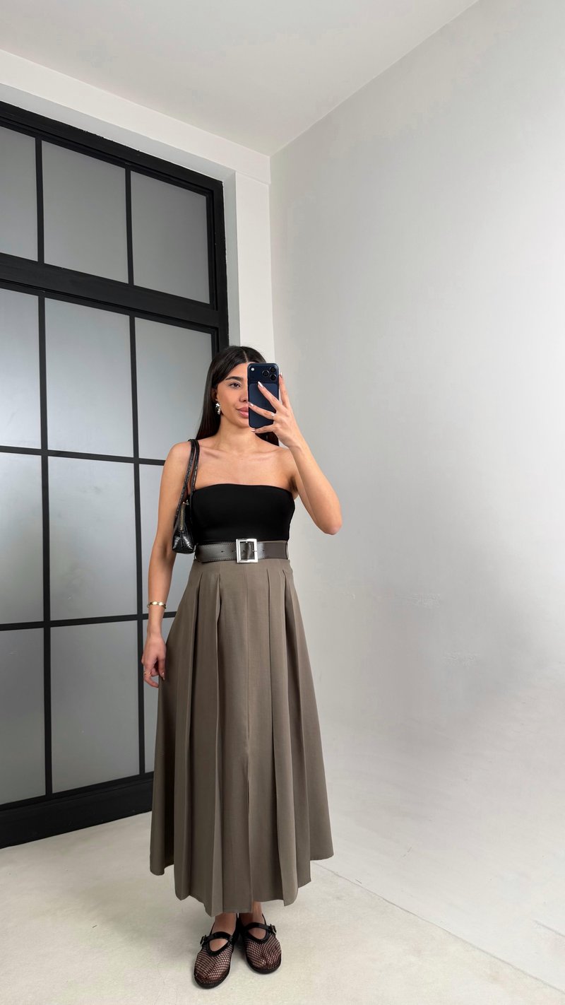 Haki Deri Kemerli Yırtmaçlı Tencel Etek GAUS-01088