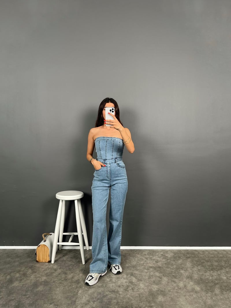 Ria Straplez Fermuarlı Denim Tulum