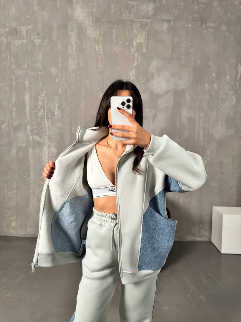 Lome Gri Denim Karışımlı Şardonlu Oversize Takım