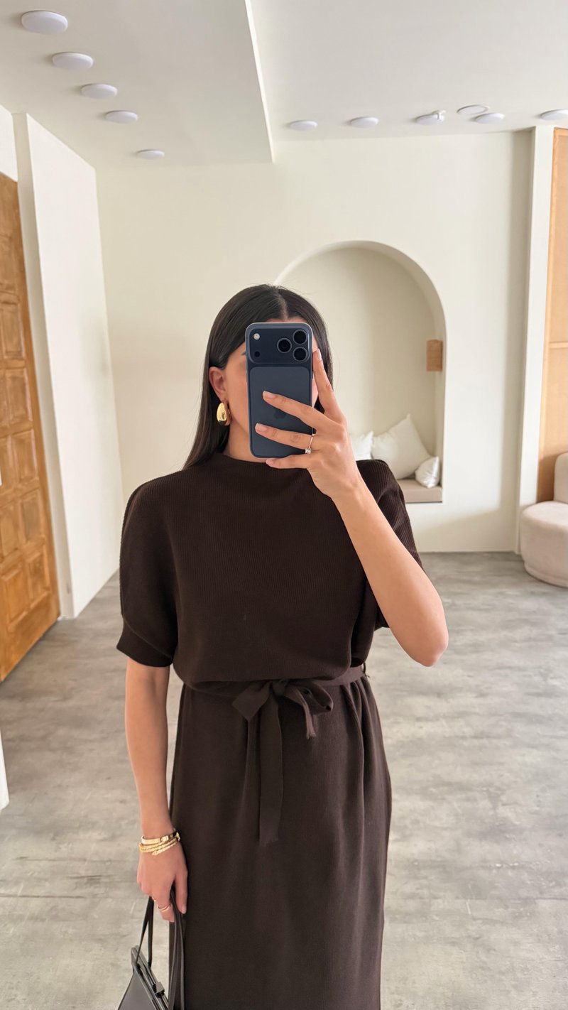 Acı Kahve Kuşaklı Triko Midi Elbise GAUS-01169