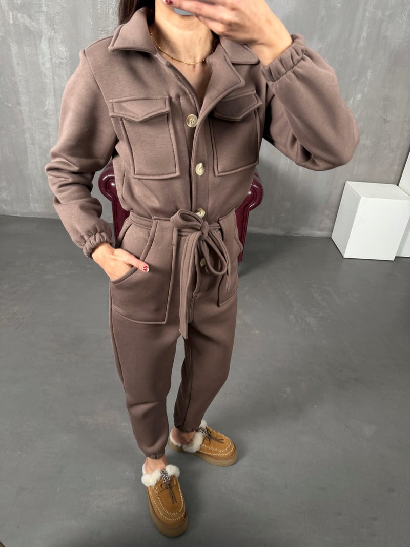 Nuga Kahve Kuşaklı Şardonlu Tulum