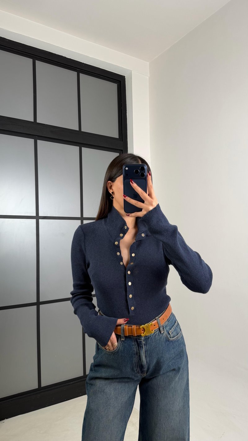 Lacivert Çıtçıt Düğmeli Triko Kazak GAUS-00780