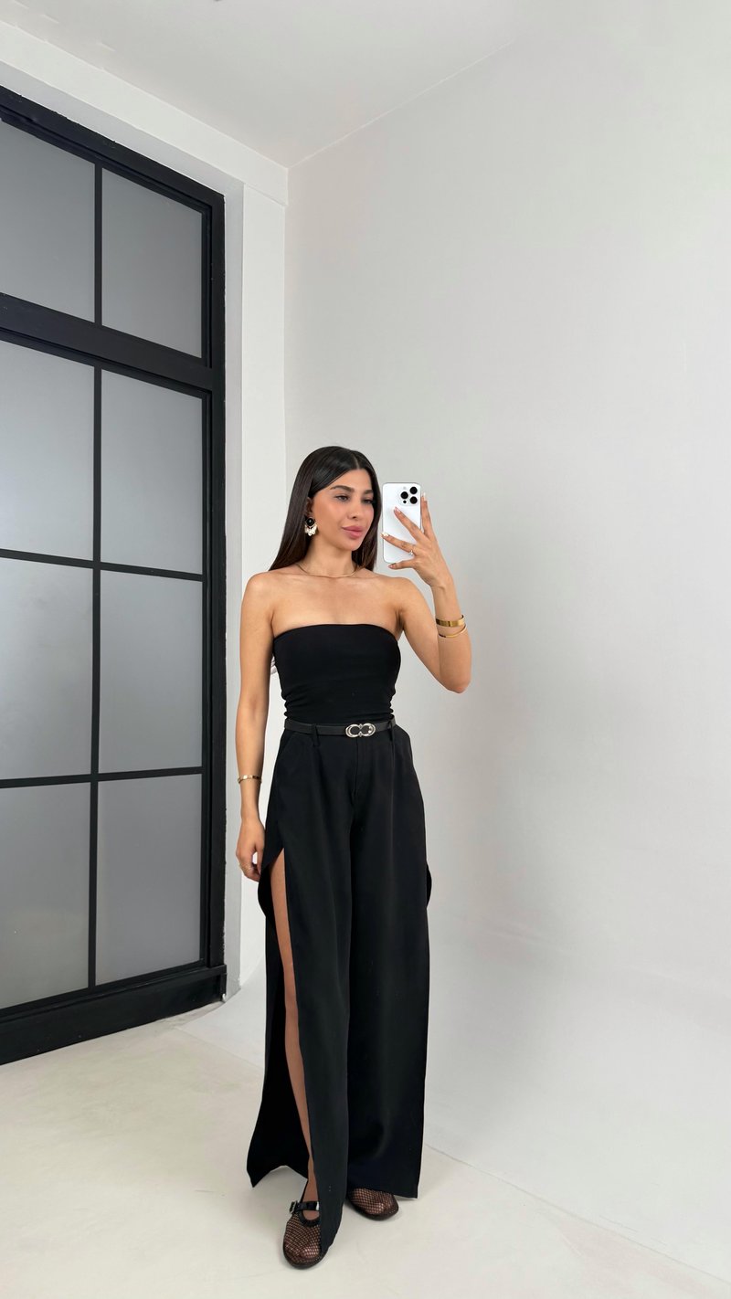 Siyah Yan Yırtmaçlı Kemerli Tencel Pantolon Gaus00639