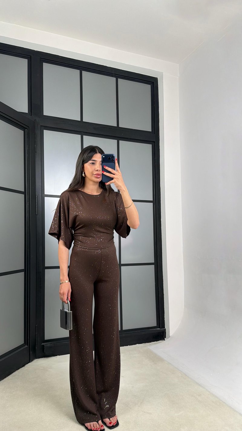 Acı Kahve Simli Bluz Beli Lastikli Pantolon İkili Takım GAUS-01554