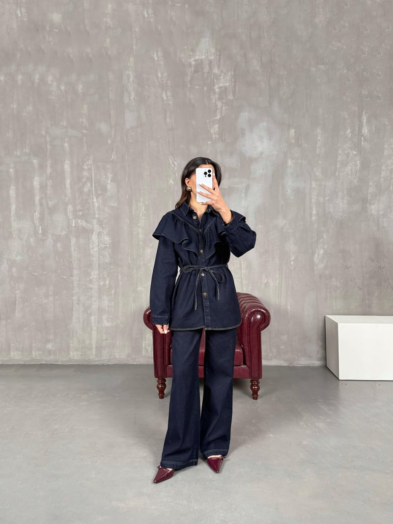 Tasire Lacivert Yaka Fırfır Detaylı Kuşaklı Gömlek Pantolon Denim Takım
