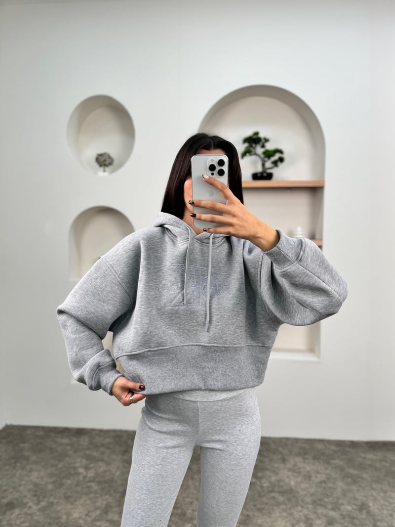 Jime Gri Muadil Crop Kapüşonlu Şardonlu Sweatshirt