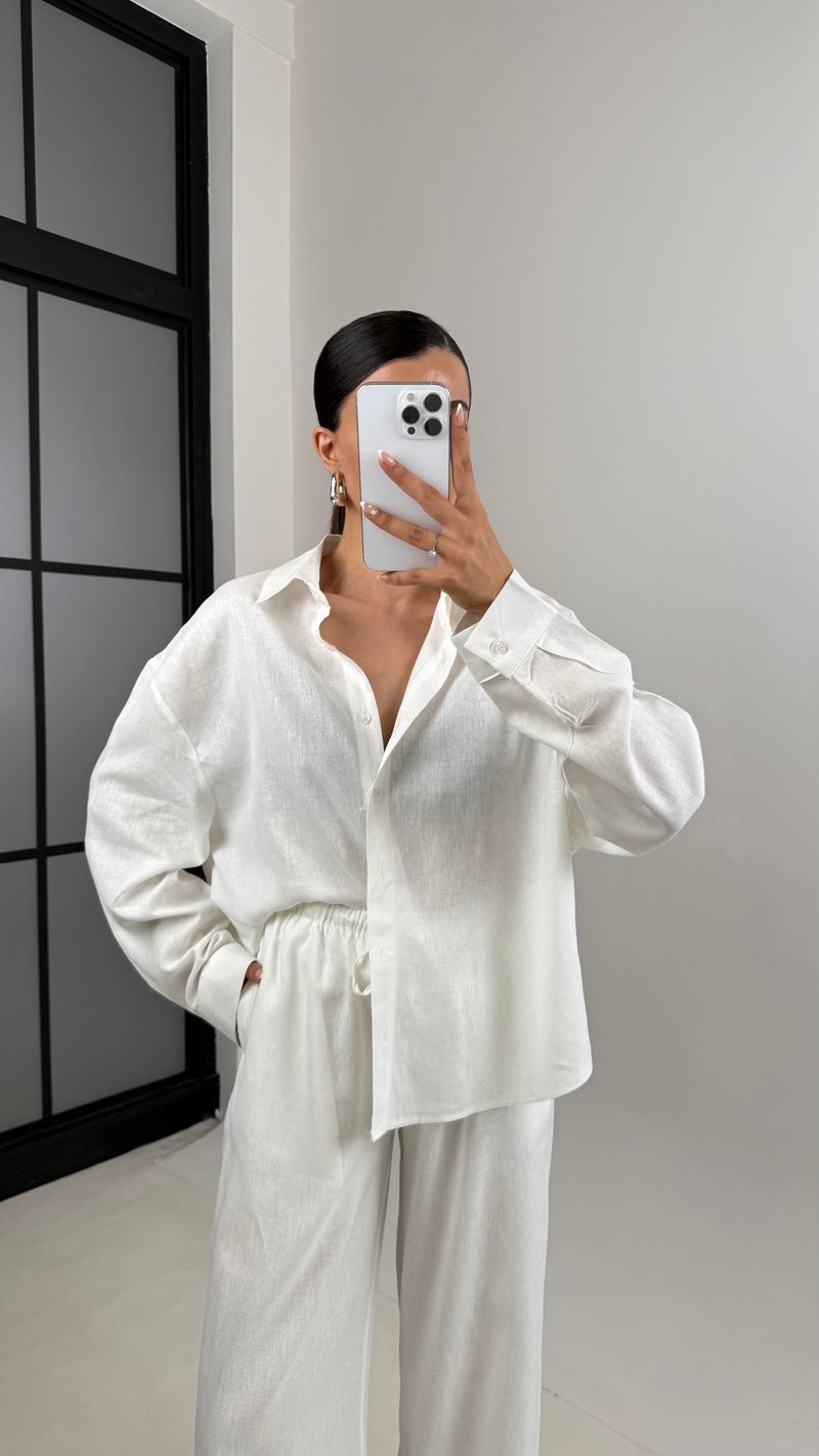 Beyaz Gömlek Beli Lastikli Katlama Detaylı MD Muadil Premium Keten Takım Gaus00591