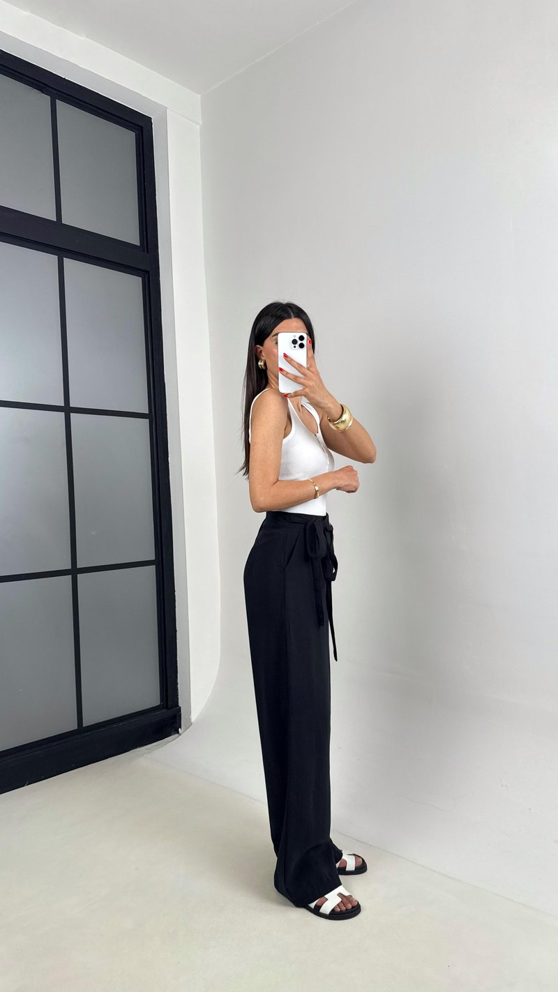 Siyah Yan Bağlamalı Tasarım Tencel Pantolon Gaus00500