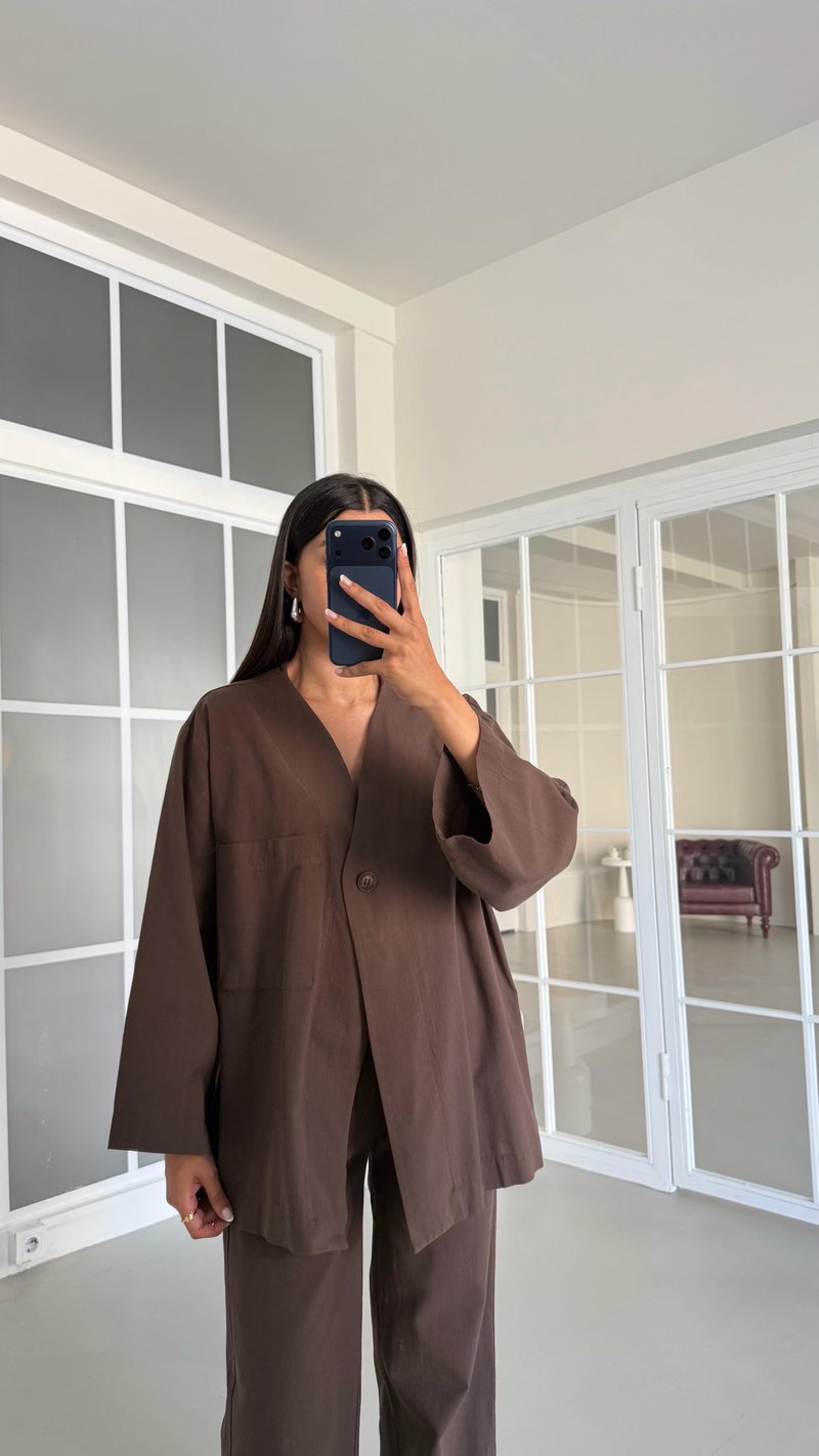 Kahve Kimono Beli Lastikli Pantolon İkili Keten Takım GAUS-01491