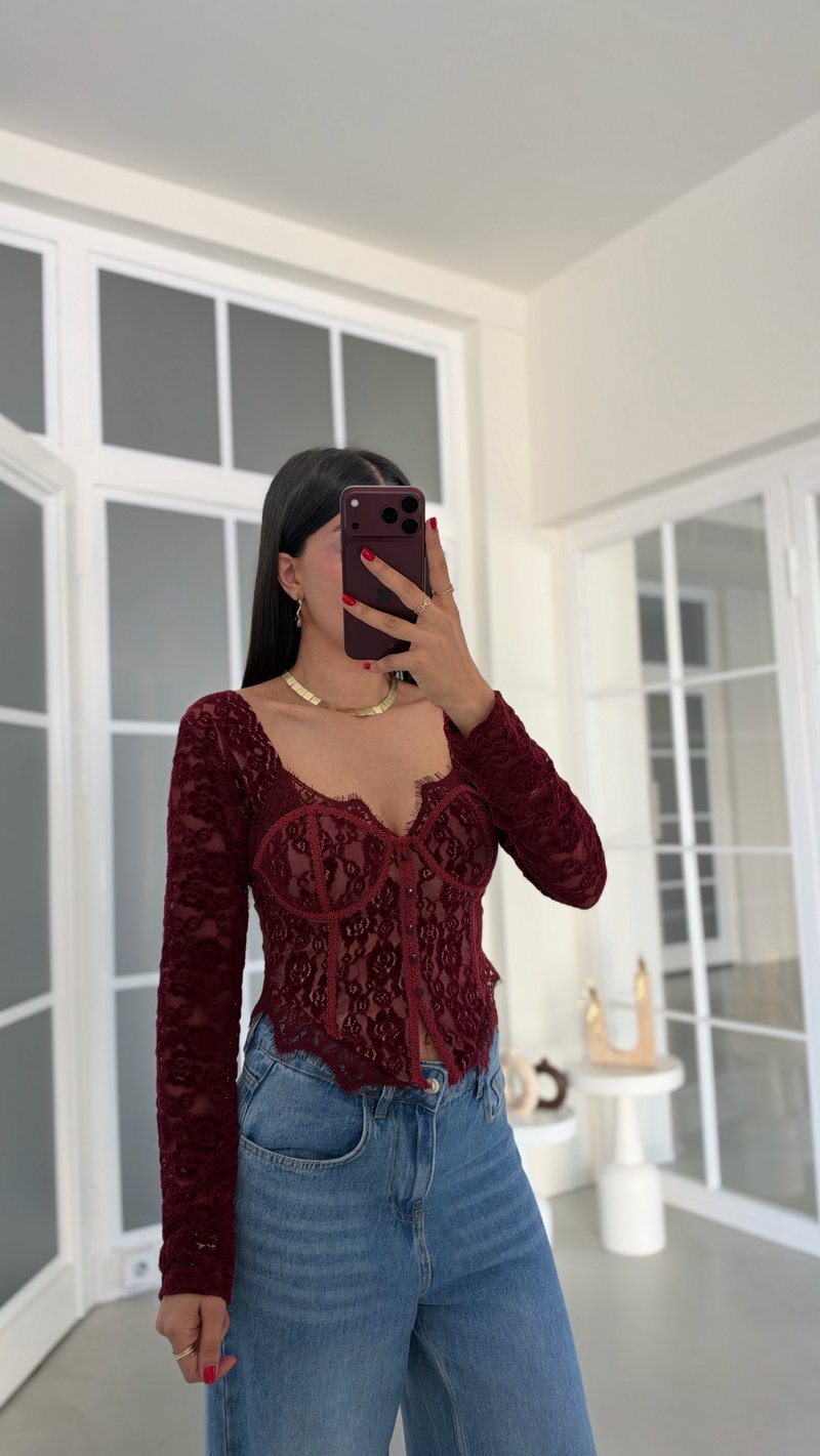 Bordo Dantel Detaylı Premium Korse Bluz GAUS-02281