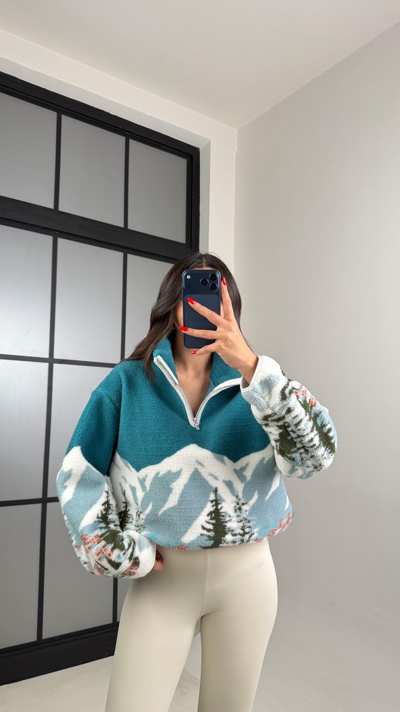 Turkuaz Fermuarlı Desenli Polar Sweatshirt GAUS-00924