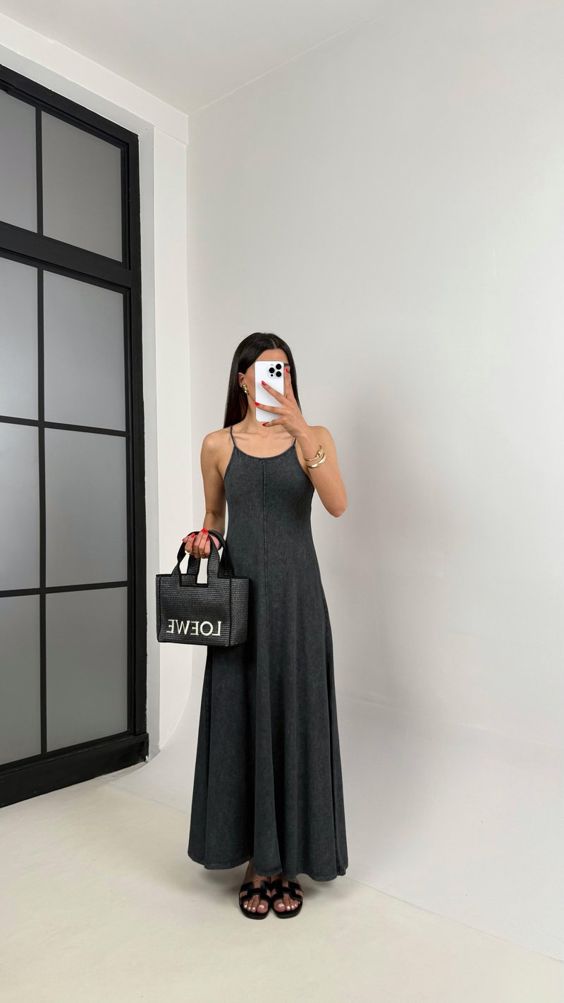 Antrasit Yıkamalı Basic Ayarlanabilir Askılı Modal Kumaş Elbise Gaus00472