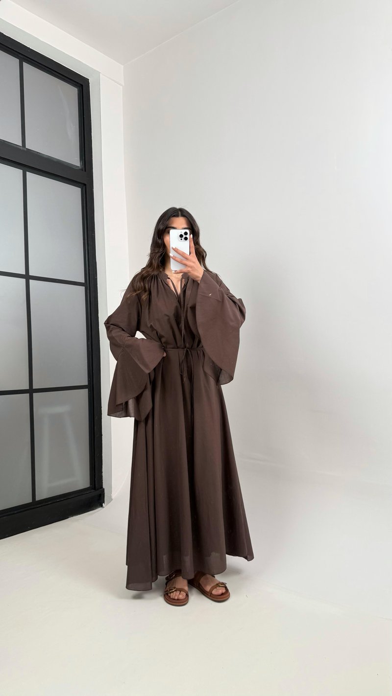 Acı Kahve Önü Bağlamalı Kuşaklı Astarlı Vual Kumaş Elbise Gaus00344
