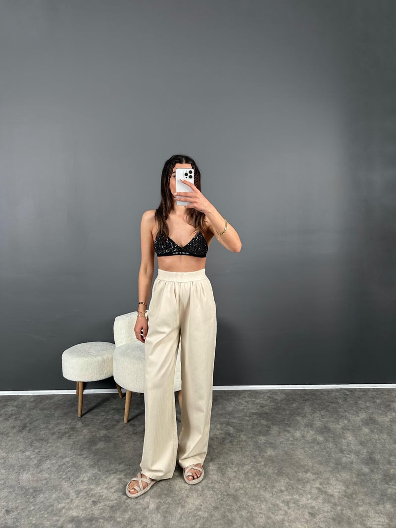 Gabardin Beli Lastikli Palazzo Pantolon 