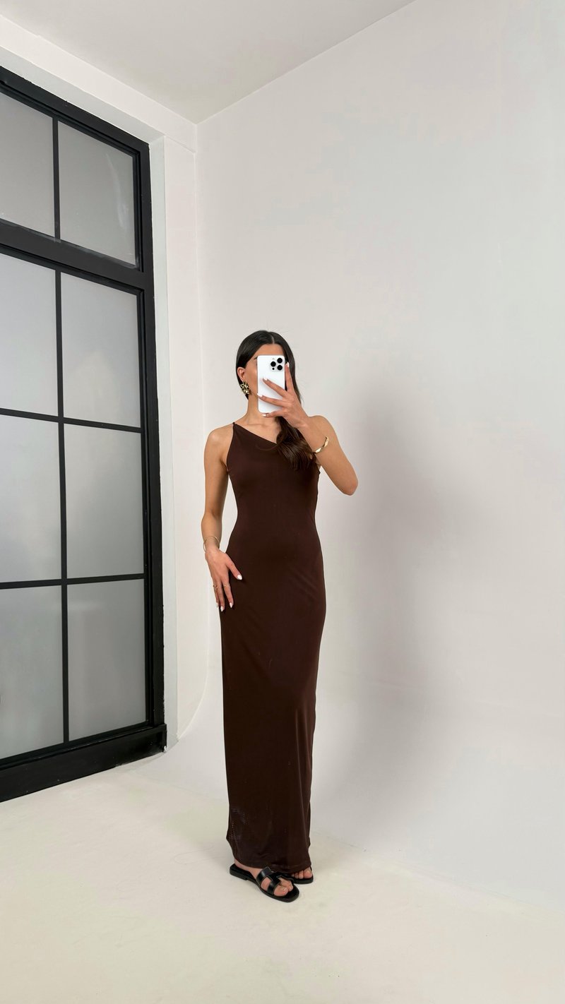 Kahve Tek Askılı Yırtmaçlı Astarlı Sandy Kumaş Elbise Gaus00348