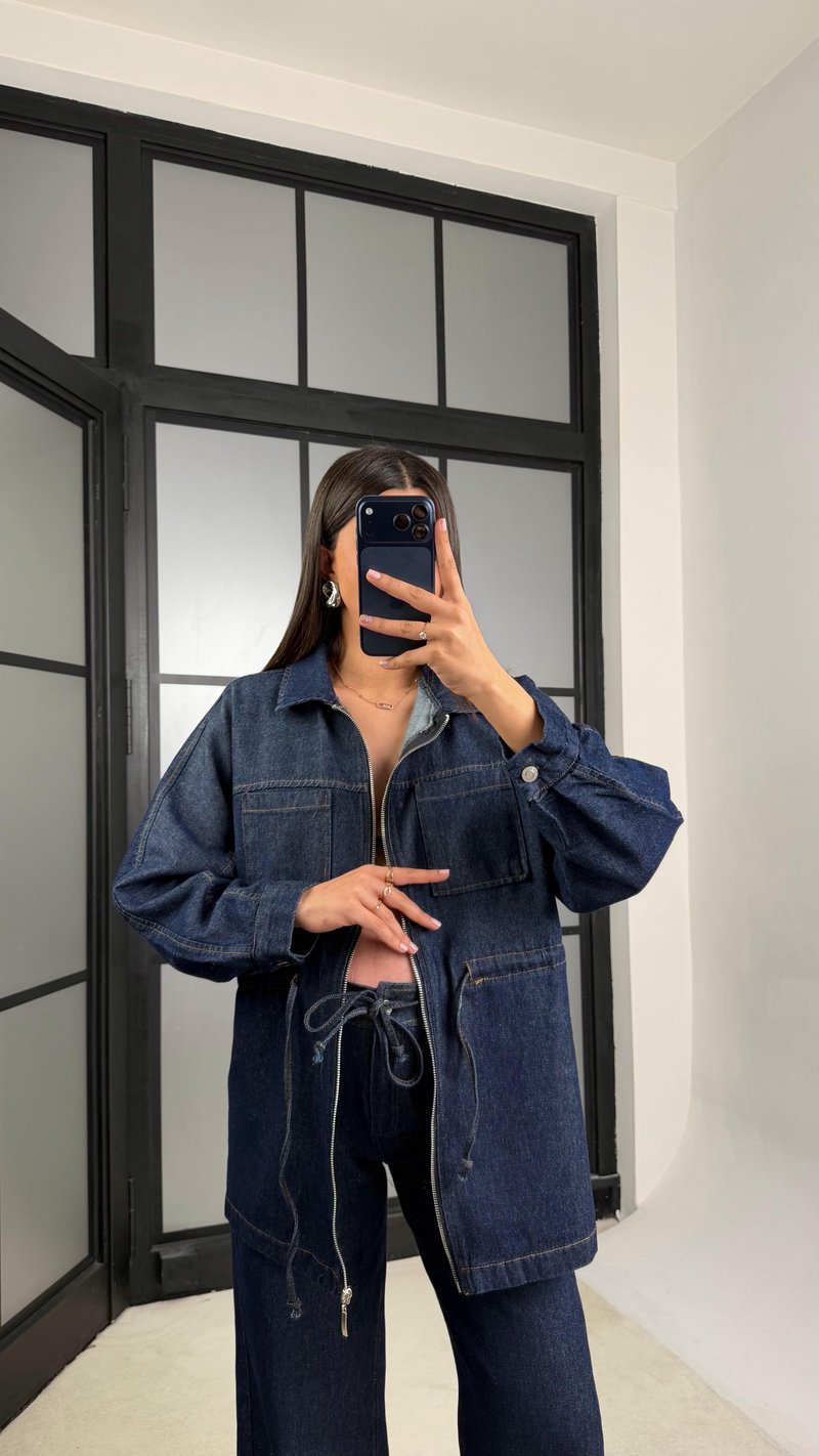 Lacivert Kuşaklı Fermuarlı Ceket Pantolon İkili Denim Takım GAUS-01197