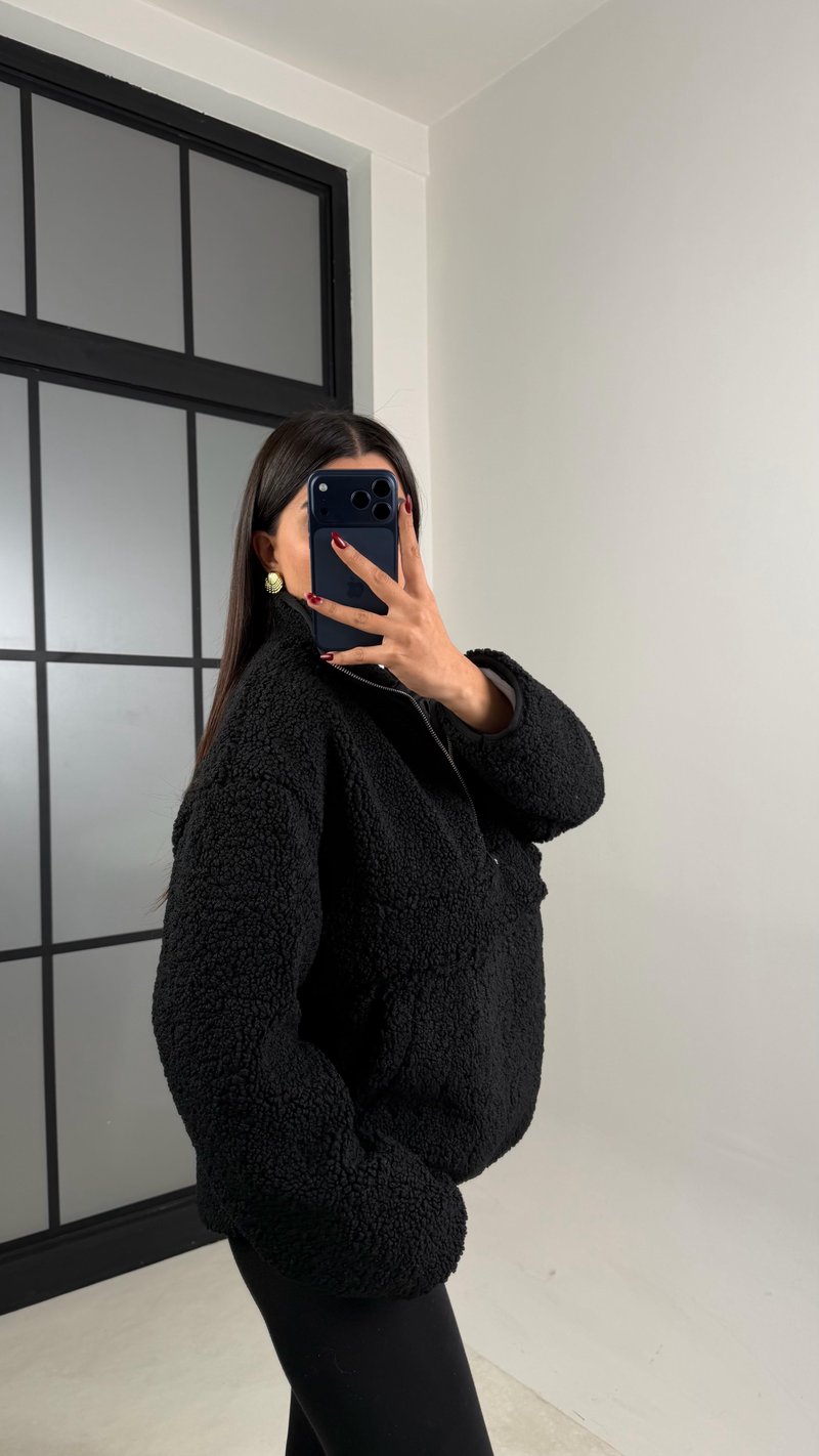 Siyah Cepli Yaka Fermuarlı Peluş Sweatshirt GAUS-00672