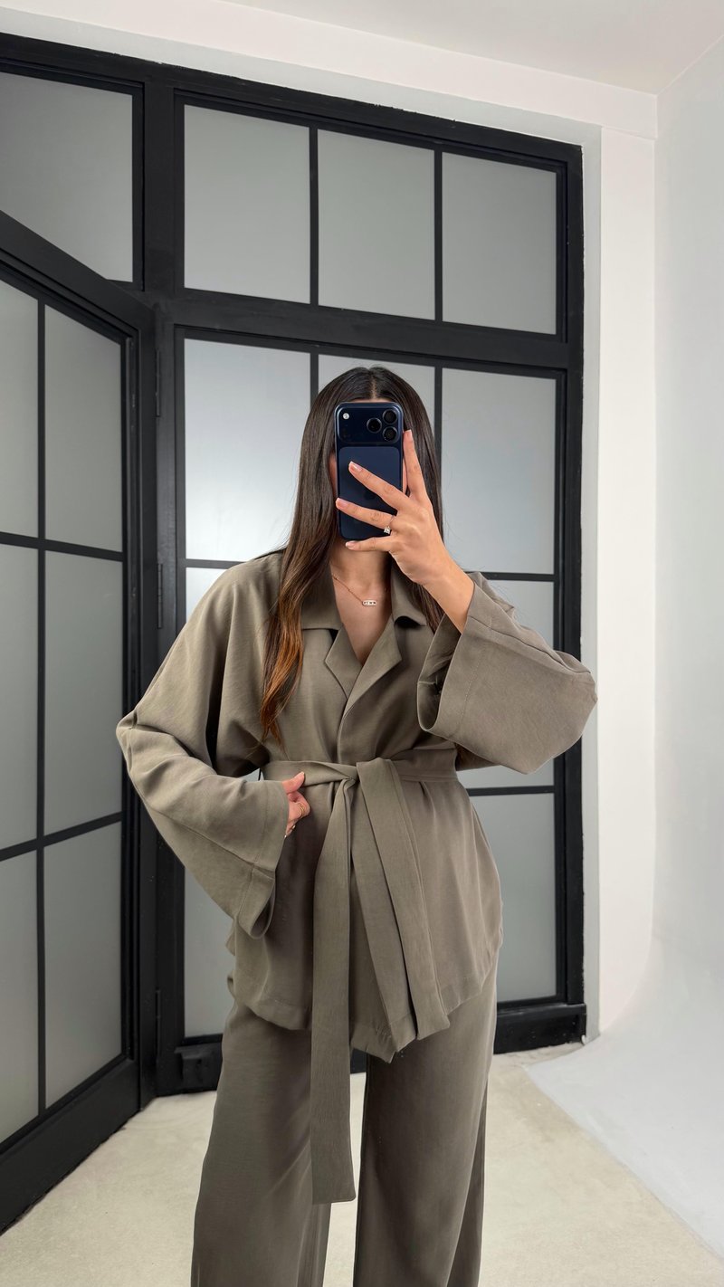 Haki Kuşaklı Ceket Beli Lastikli Pantolon Tencel Takım GAUS-01128