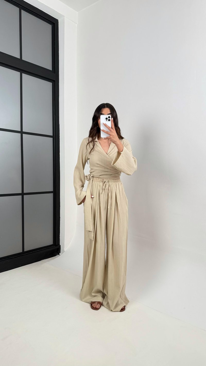 Taş Bağlamalı Üst Beli Lastikli Pantolon Gofre Takım Gaus00389 