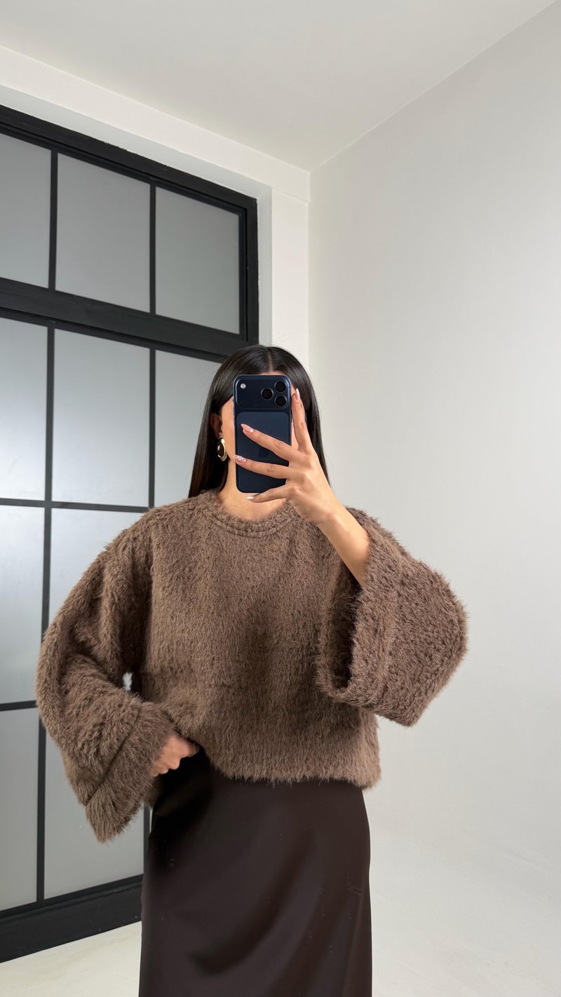 Kahve Yumuşak Dokulu Peluş Kazak GAUS-00817