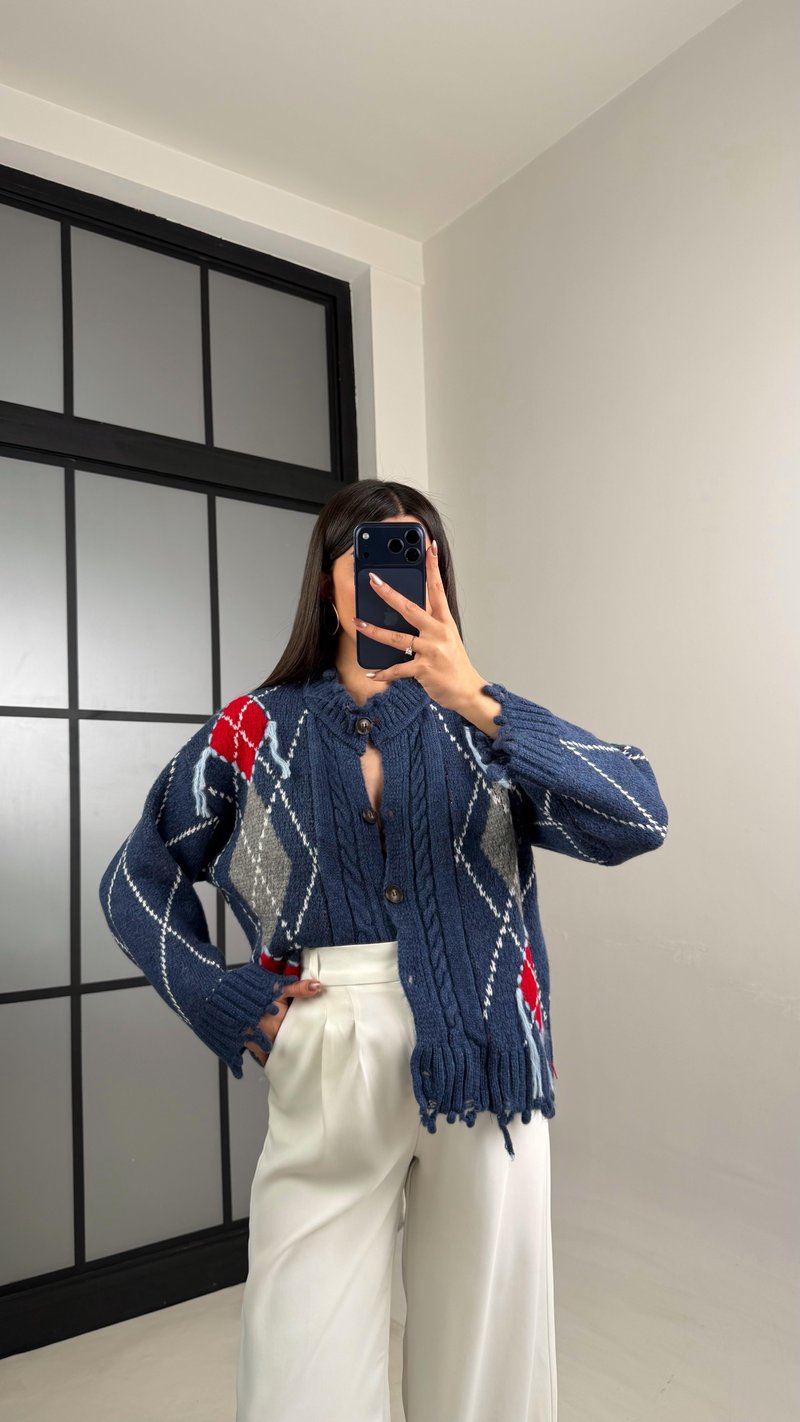 Lacivert Baklava Desenli Saçaklı Hırka GAUS-01125