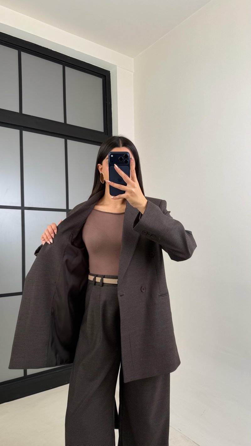 Kahve Vatkalı Astarlı Kuşaklı Premium Desenli Ceket GAUS-00910