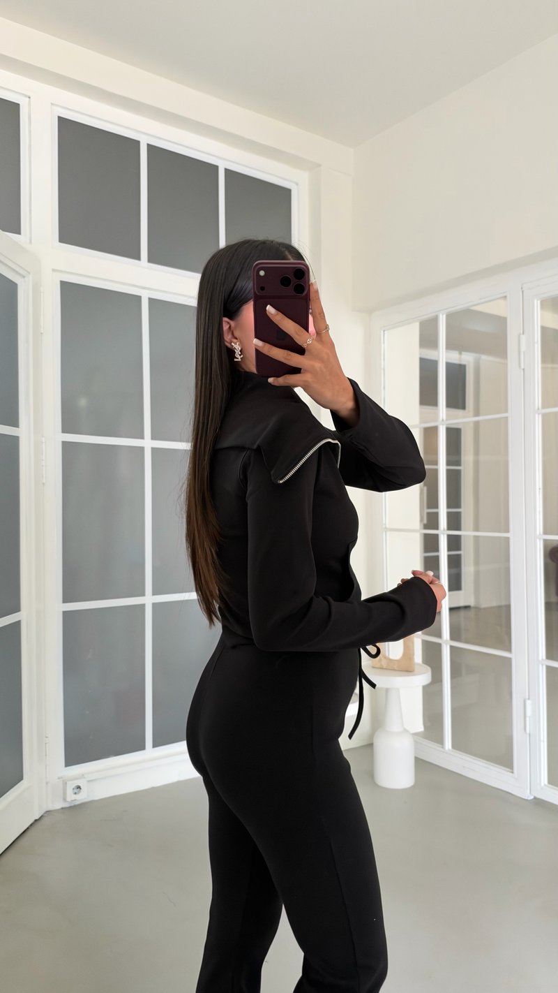 Siyah Geniş Yakalı Crop Hırka Beli Lastikli Eşofman İkili Basic Takım GAUS-02156