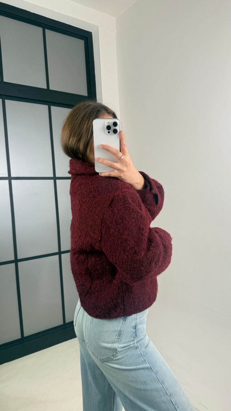 Bordo Astarlı Fermuarlı Muadil Keçe Kumaş Ceket GAUS-00603