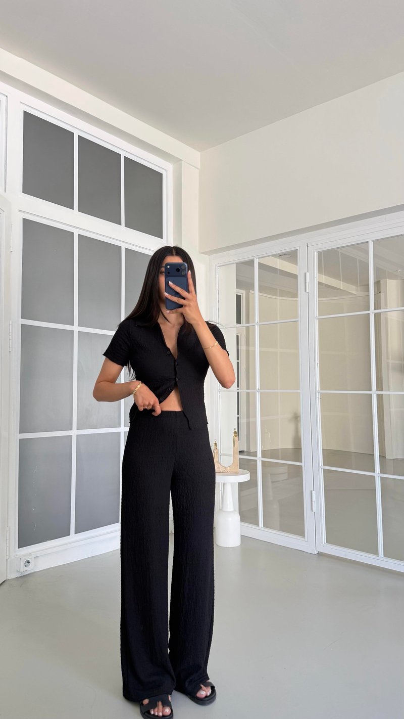 Siyah Crop Bluz Beli Lastikli Pantolon Bürümcük Takım GAUS-01555