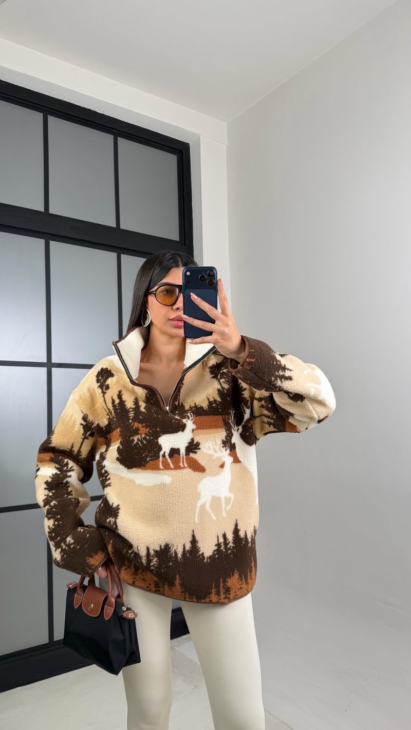 Kahve Fermuarlı Geyik Desenli Polar Sweatshirt GAUS-00870 GAUS-00723